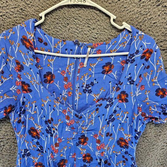Free People Dress Women‎ Size 10 Blue Floral V-Neck Short Sleeve Minidress - Picture 2 of 8